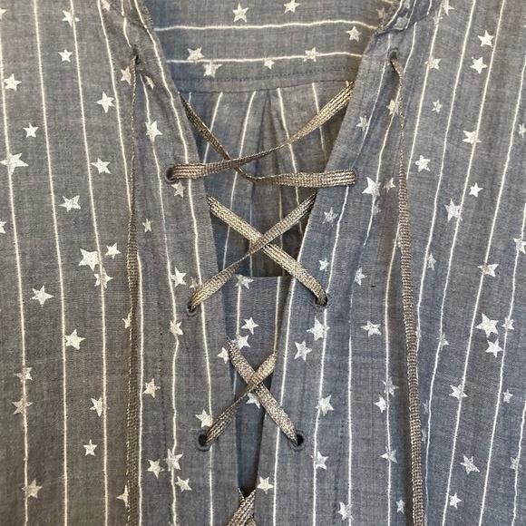 JOHNNY WAS WORKSHOP Stars & Stripes Lace-Up Top Gray Chambray Boho - Picture 7 of 13